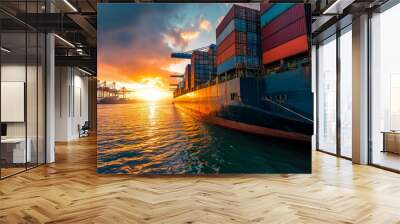 Aerial view of cargo carrying full container for logistic transportation, large ship in ocean freight shipping, and business commerce maritime.  Wall mural